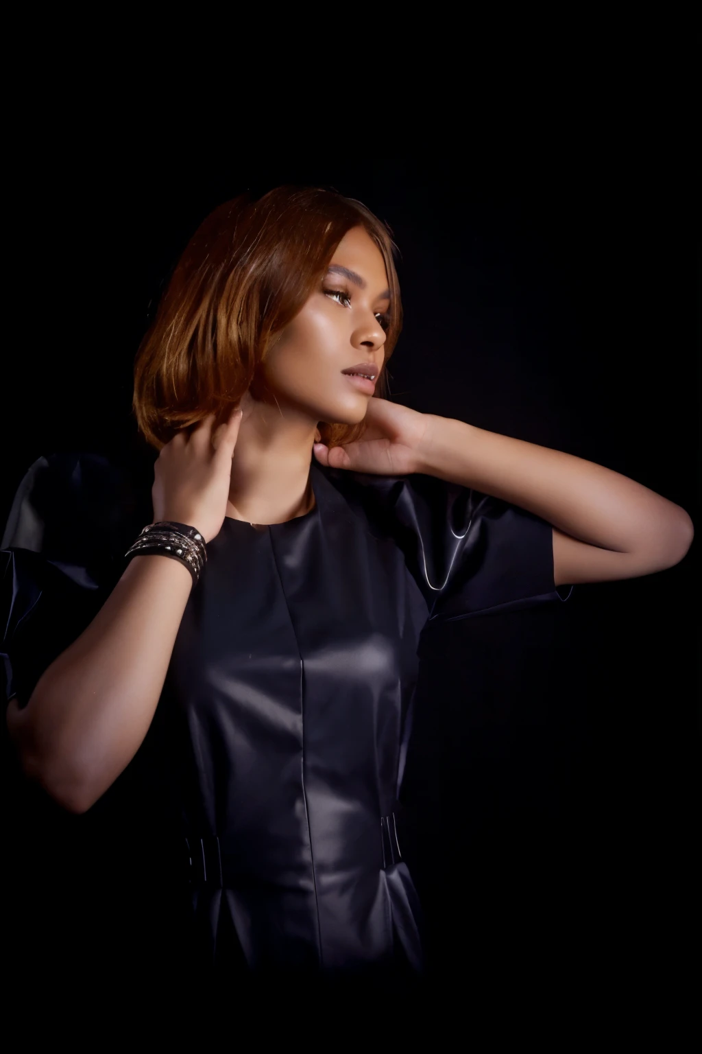 straight hair, square, there is a woman in a black skin dress posing for a picture, on mannequins. studio lighting, dressed in black skin, posing in dramatic lighting, filmed in the dark with studio lights, wearing skin, wearing detailed skin collar, Photoshoot portrait, skin, photo of a woman in techwear style, high-end fashion photo shoot, she wears a black dress