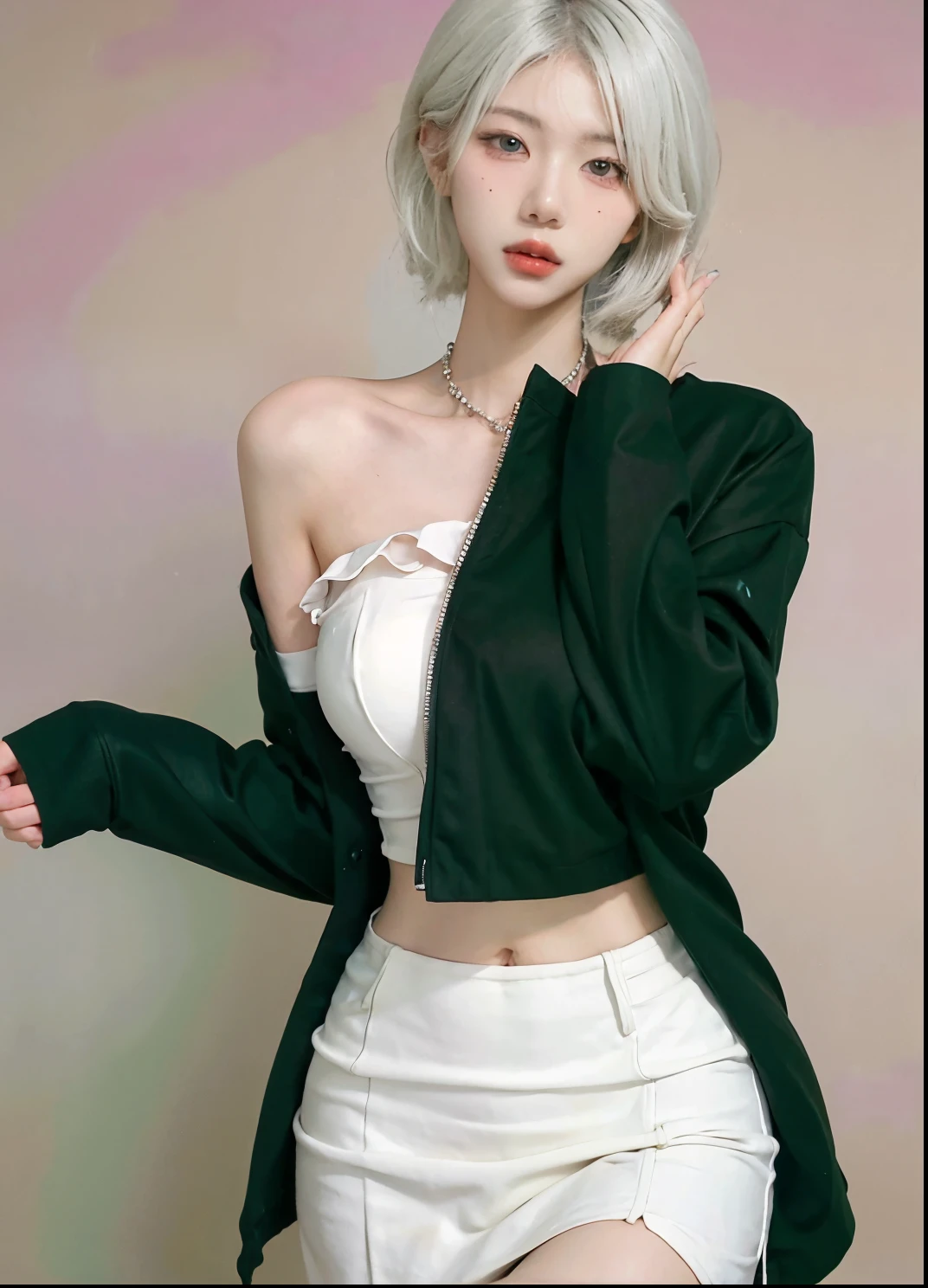 Beautiful woman with perfect figure:1.4，Ultra-high resolution，Put your hands behind your back，White background，（Realism:1.4)，Layered hairstyle，White skin，JK:1.5，Super short pleated skirt，whole body：1.4，Very delicate and skin texture，Double eyelids，Skin Whitening，Long hair，White hair

