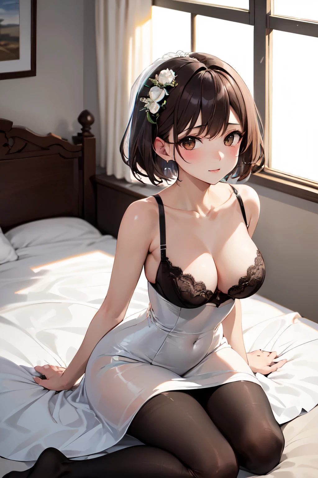 masterpiece, Highest quality, High resolution, One girl, alone, short hair, Brown Hair, Brown eyes, chest, Bedroom、Kneeling、((Wedding dress))、((pantyhose))、(Black Bra)