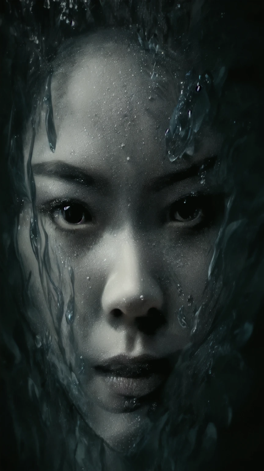 a close up of a woman with a crown on her head, asian female water elemental, closeup fantasy with water magic, underwater face, face in water, dramatic cinematic portrait, movie still of the alien girl, dramatic portraiture of uuen, detailed face of a asian girl, closeup portrait shot, imax close-up of face, movie still 8 k