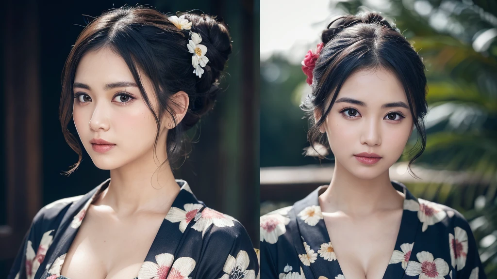 (1women), Updo hairstyle, (round eyes:1.2), (highly detailed face), (extremely detailed beautiful face), (floral pattern yukata), cleavage, (Best Quality:1.4), (Ultra-detailed), extremely detailed CG unified 8k wallpaper, Realistic portrait, Beautiful detailed, High-definition raw color photos, professional photography, night sky, beautiful milky way, (fine face:1.2), focus on women, tanabata,