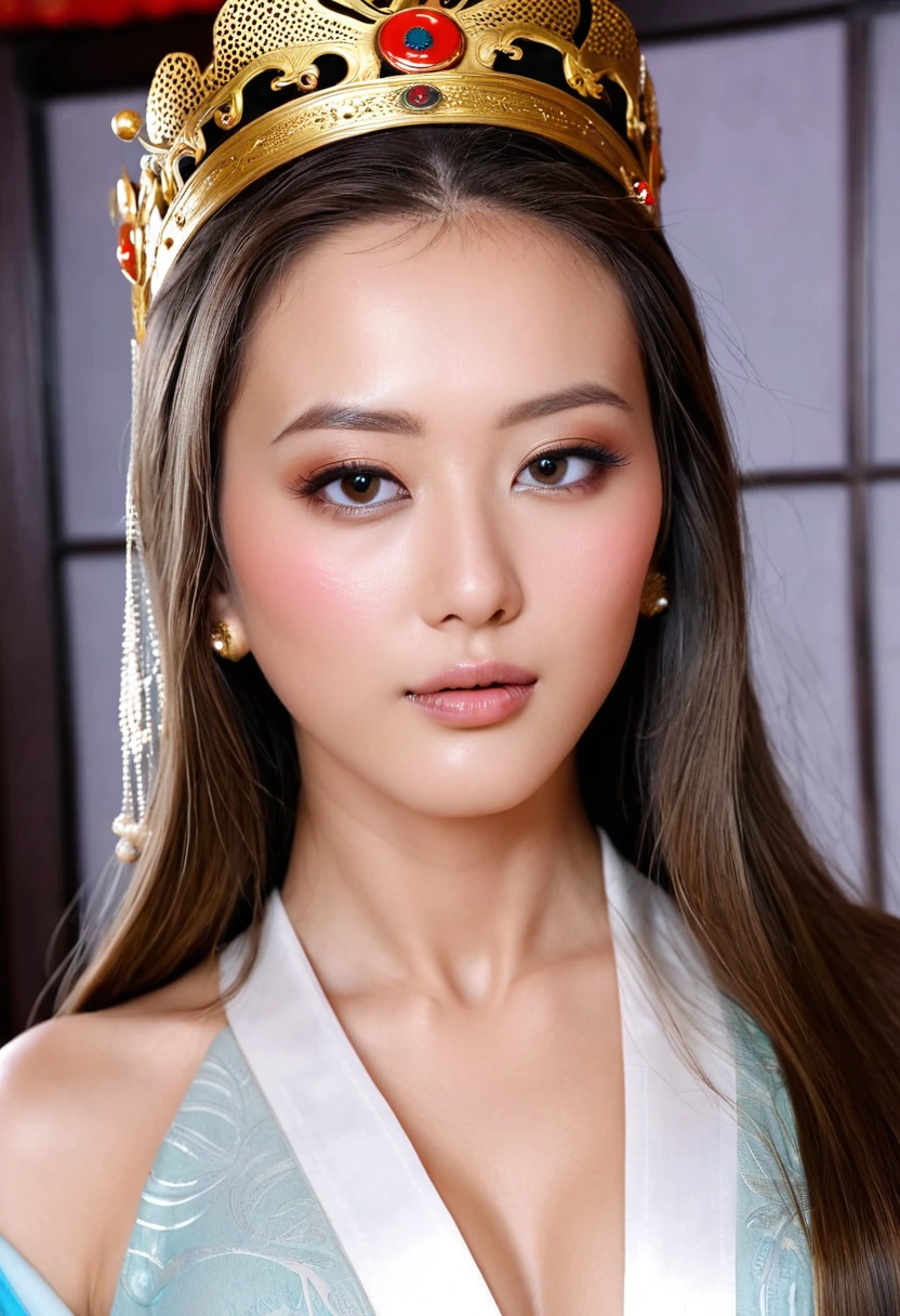 Beautiful female emperor, Clear skin, Beautiful appearance, There is deep wisdom in her eyes, It's as if she sees through the whole world, Wearing a luxurious white robe, Holding a long sword, Robes fluttering in the wind and silver hair blowing in the wind, The white robe perfectly complements her elegant figure., The attitude is calm and idyllic, Like a perfect fairy
