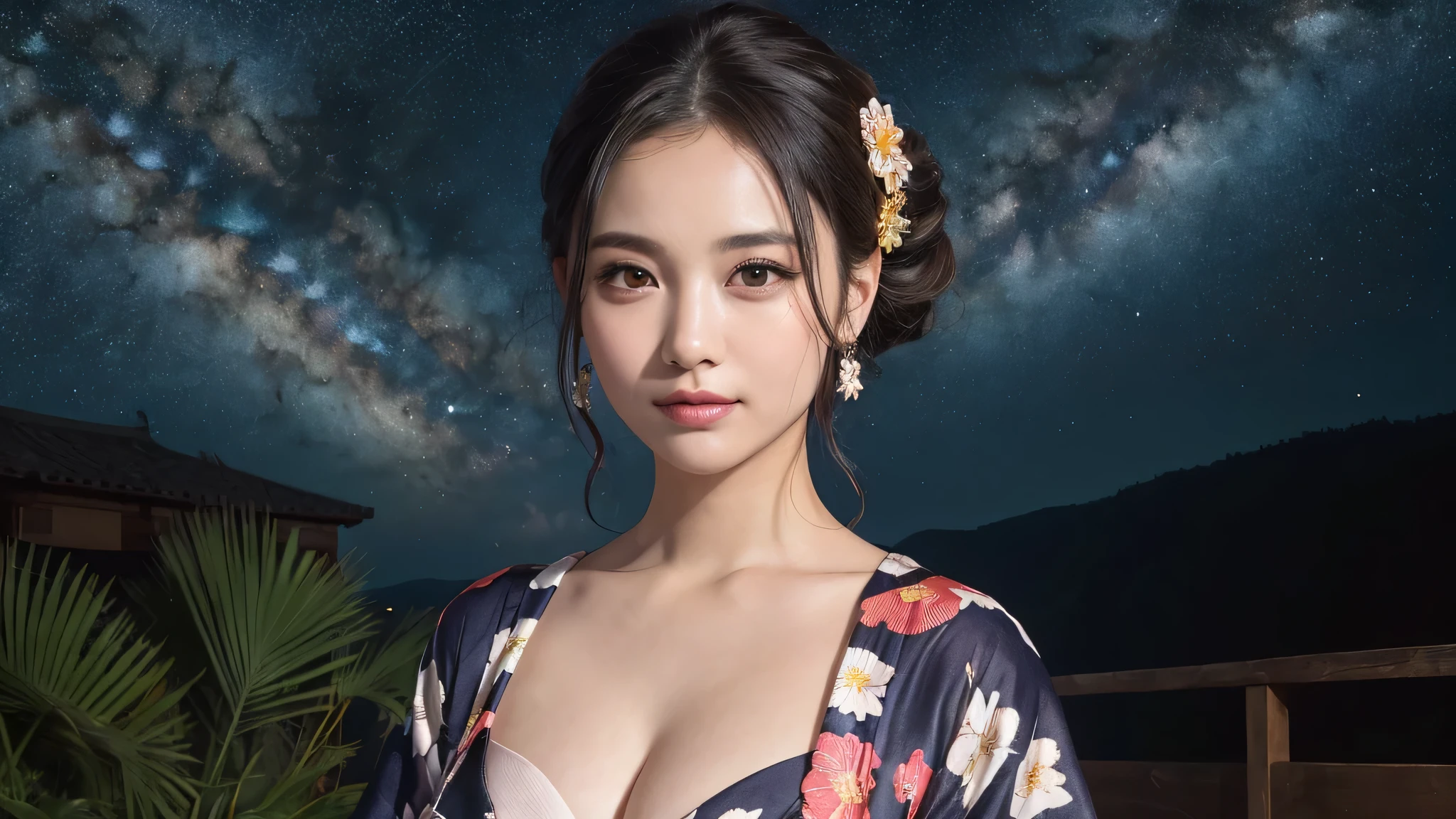 (1women), Updo hairstyle, (round eyes:1.2), (highly detailed face), (extremely detailed beautiful face), (floral pattern yukata), cleavage, (Best Quality:1.4), (Ultra-detailed), extremely detailed CG unified 8k wallpaper, Realistic portrait, Beautiful detailed, High-definition raw color photos, professional photography, night sky, beautiful milky way, (fine face:1.2), focus on women, tanabata, 