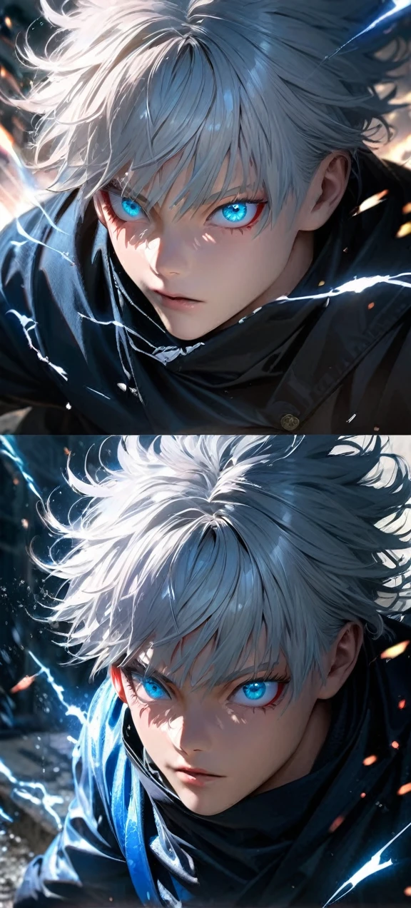  High quality, ultra realistic,absurdres, highres, ultra detailed, HDR, masterpiece, extremely detailed face and eyes,  Gojo satoru , jujutsu kaisen,, white hair ,black shirt , solo, ,man, handsome, ,white eyeleshes, blue eyes , Epic fight scene, blue splashing effect,blue lightning  effect,glowing glitters , close up,cool eyes, symetrical 