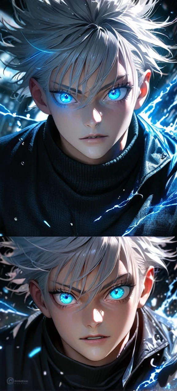 High quality, ultra realistic,absurdres, highres, ultra detailed, HDR, masterpiece, extremely detailed face and eyes, Gojo satoru , jujutsu kaisen,, white hair ,black shirt , solo, ,man, handsome, ,white eyeleshes, blue eyes , Epic fight scene, blue splashing effect,blue lightning effect,glowing glitters , close up,cool eyes, symetrical