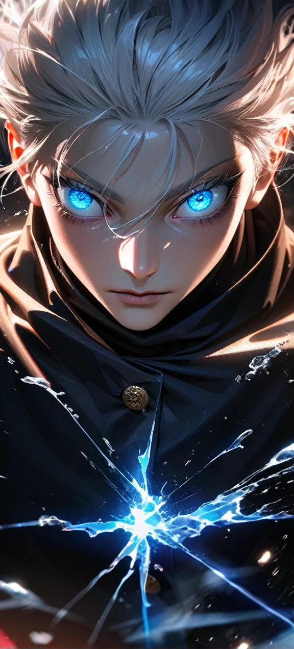 High quality, ultra realistic,absurdres, highres, ultra detailed, HDR, masterpiece, extremely detailed face and eyes, Gojo satoru , jujutsu kaisen,, white hair ,black shirt , solo, ,man, handsome, ,white eyeleshes, blue eyes , Epic fight scene, blue splashing effect,blue lightning effect,glowing glitters , close up,cool eyes, symetrical