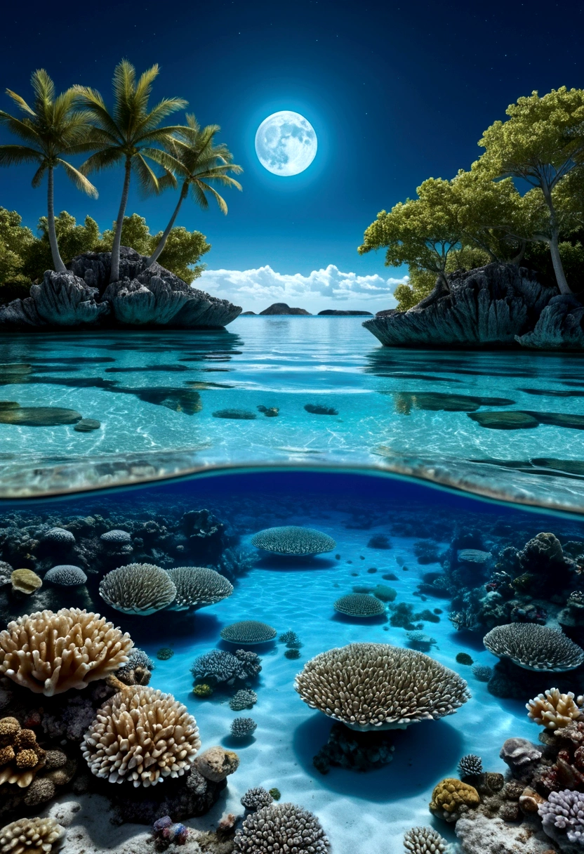 crystal clear lagoon, coral reefs. blue moon, moon luminism, Fantastic Realism, complex background, highly detailed intricated, night, very crystal-clear water, turquoise blue sea, tranquil, peaceful, dreamy, fantasy, unforgettable, unique experience, romantic, serene, not sun, soft light