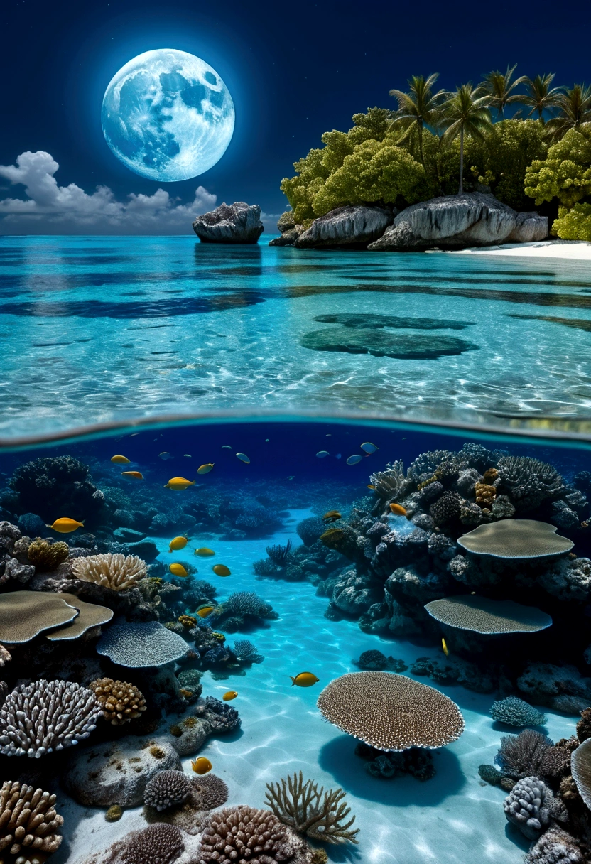 crystal clear lagoon, coral reefs. blue moon, moon luminism, Fantastic Realism, complex background, highly detailed intricated, night, very crystal-clear water, turquoise blue sea, tranquil, peaceful, dreamy, fantasy, unforgettable, unique experience, romantic, serene, not sun, soft light