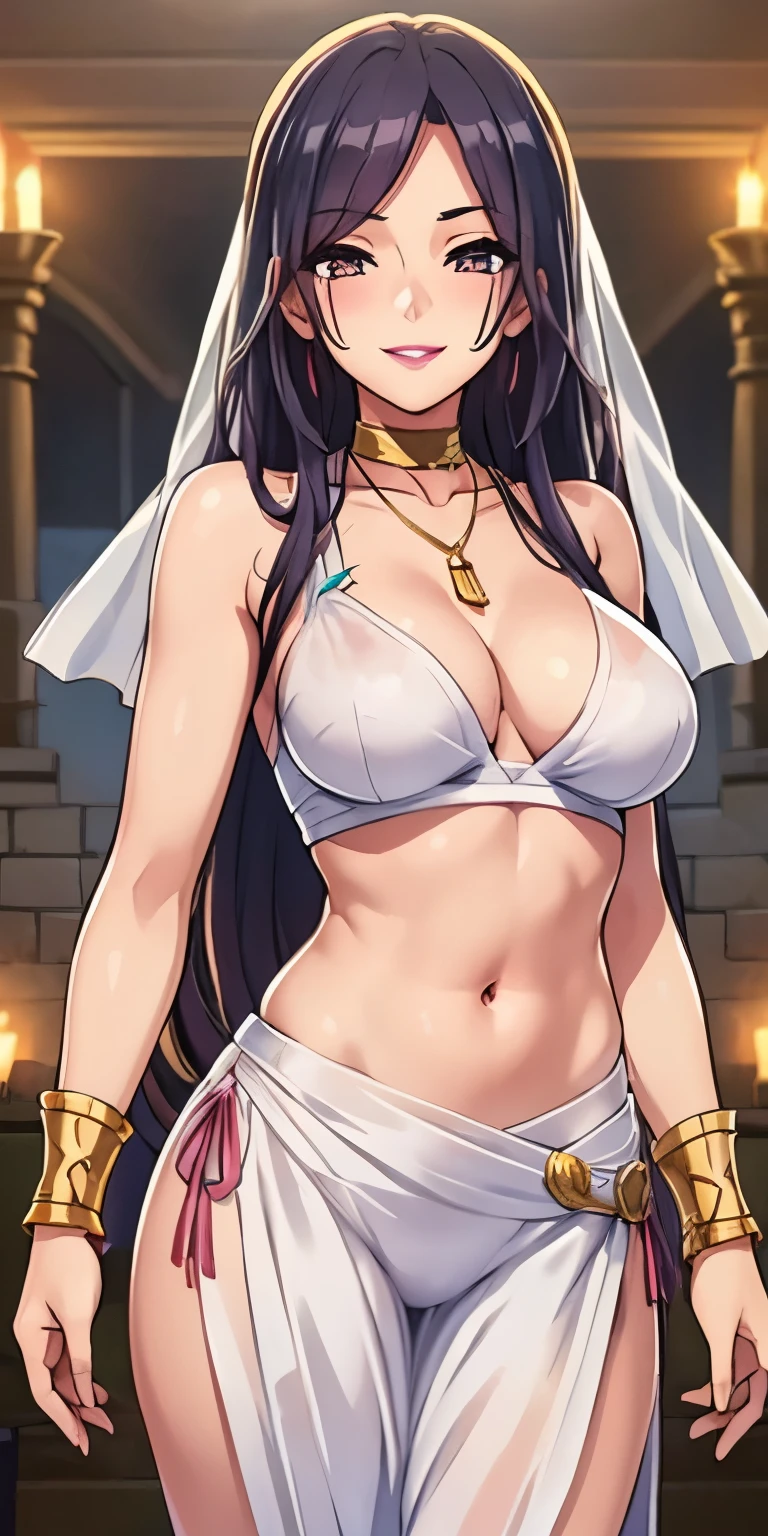 kura satomi, long hair, blush, lipstick, evil smile, masterpiece, best quality, highly detailed ,glint,halterneck,gold_choker, complex detailed background,
inside, stone wall, ancient interior, ancient egyptian room, hieroglyphs, dark lighting, dark
atmosphere, (cowboy shot), holding a sword, sword, belly_chain,harem_outfit,navel, necklace,
pelvic_curtain,revealing_clothes, veil，masterpiece,best quality,1girl,mature,evil smile, smile,
female,mature,necklace,pendant, (nsfw) not safe for work, exposed belly, exposed navel, exposed
midriff, exposed lower belly