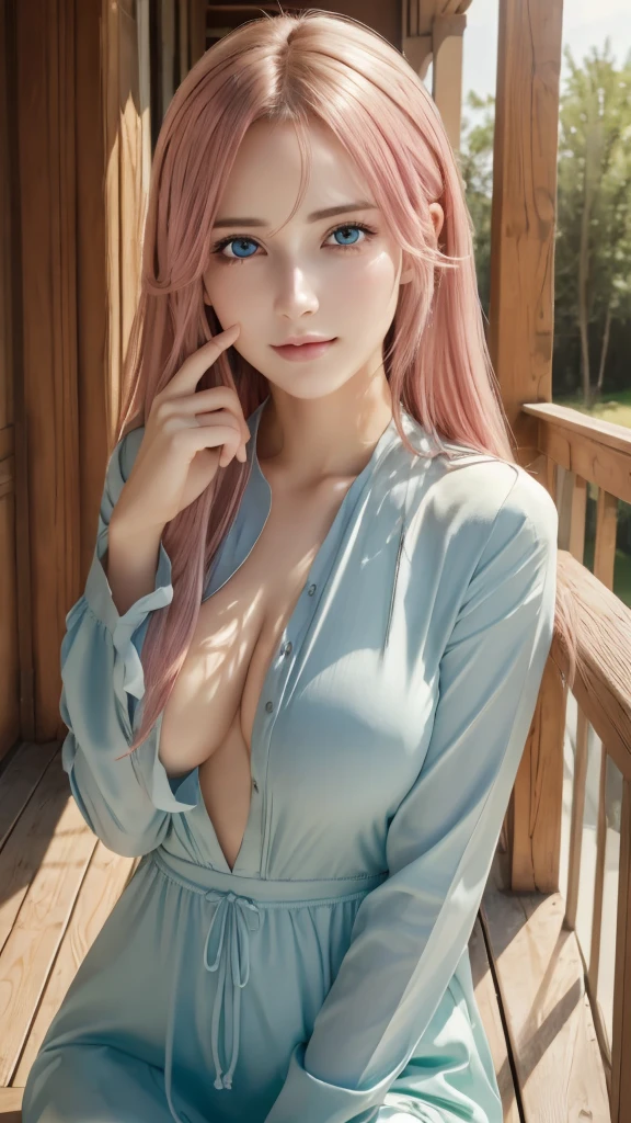 Photorealistic, highest quality, Highest quality, masterpiece, Ultra-high resolution, Raw photo, Realistic, Bright lighting, Face Light, Smooth Professional Lighting, Looking at the camera, alone, Adult women, Beautiful woman, Super Beauty, Realistic肌, Moisturized Skin, Realistic eyes and faces, Perfect model body shape, Beautiful Eyes, Big eyes, Inconspicuous tear bags, slim, Medium sized big breasts, Beautiful fingers, Very long hair, pink Hair, green eye, seems to be happy, Cowboy Shot, (Both ears are hidden in the hair), (((saint))), Fantasy World, Morning Porch,