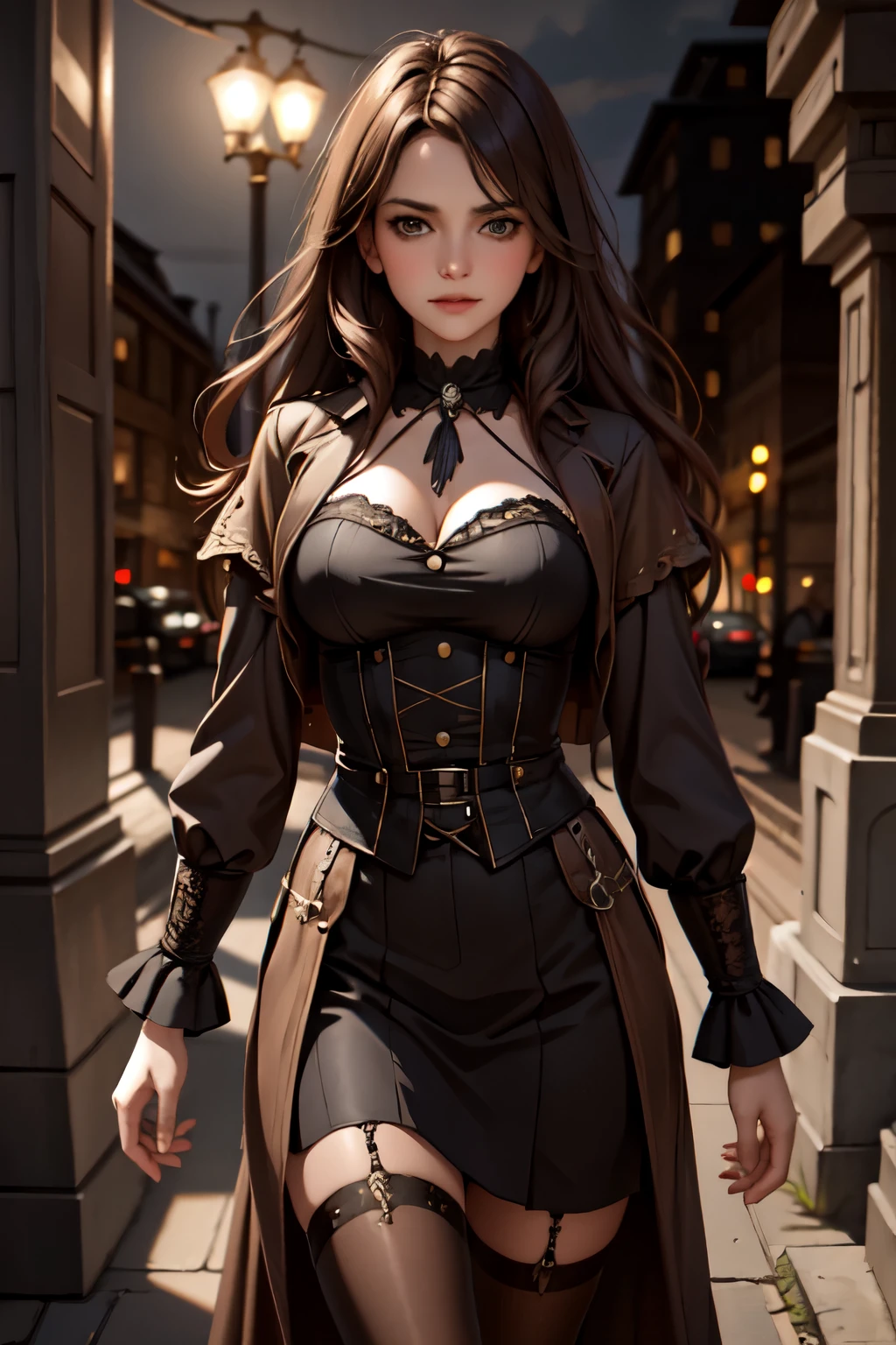 Cinematic, Vampire slayers, walks in an Gothic cemetery at night wearing a gothic steampunk fashion dress, fog and rainy condition, ghostly atmosphere, 1800s, (high skin detail: 1.2), ultra-detailed, photo-realistic, depth of field, cinematic lighting, IMAX camera, HDR, DTM, Full HD, 8k , captured in ultra high resolution with photorealistic and beautiful lighting. This masterpiece is of the best quality and is set against a zentangle abstract background (weighted at 1.4).