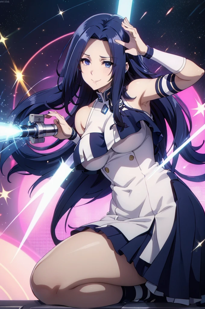 blue eyes,blue hair,horse stance,split legs,from bellow,embarrased,blush,cracked smile