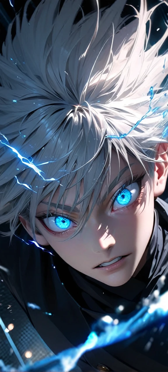  High quality, ultra realistic,absurdres, highres, ultra detailed, HDR, masterpiece, extremely detailed face and eyes,  Gojo satoru , jujutsu kaisen,, white hair ,black shirt , solo, ,man, handsome, ,white eyeleshes, blue eyes , Epic fight scene, blue splashing effect,blue lightning  effect,glowing glitters , close up,cool eyes, symetrical 