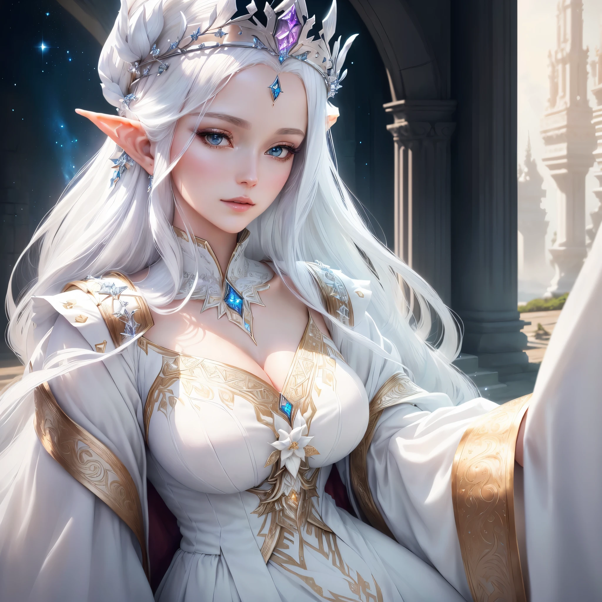 Close-up of a woman in a white dress with a crown on her head, Beautiful and elegant elven queen, Beautiful Fantasy Empress, Anime Goddess, ((Beautiful Fantasy Empress)), beautiful elven princess, Trending on cgstation, detailed white long hair, Fantasy art style, 8k high quality detailed art, White-haired God, Beautiful fantasy art