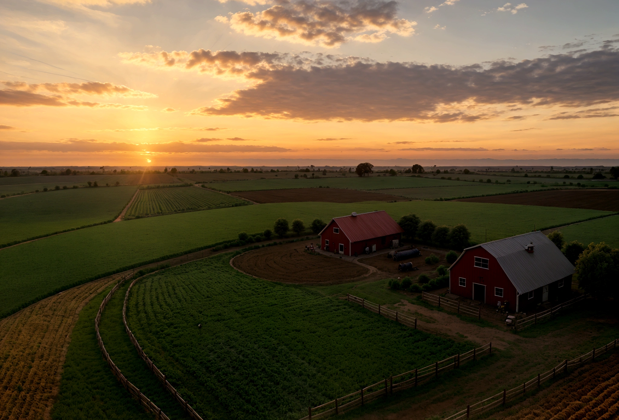 create a very detailed farm with a beautiful sunset