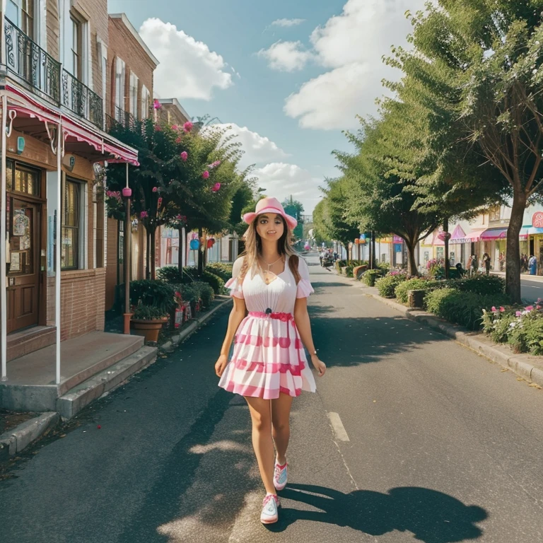 A lovely woman has found herself in Candyland. She is happily strolling around the town meeting the gummy bear people and tasting all the amazing candy