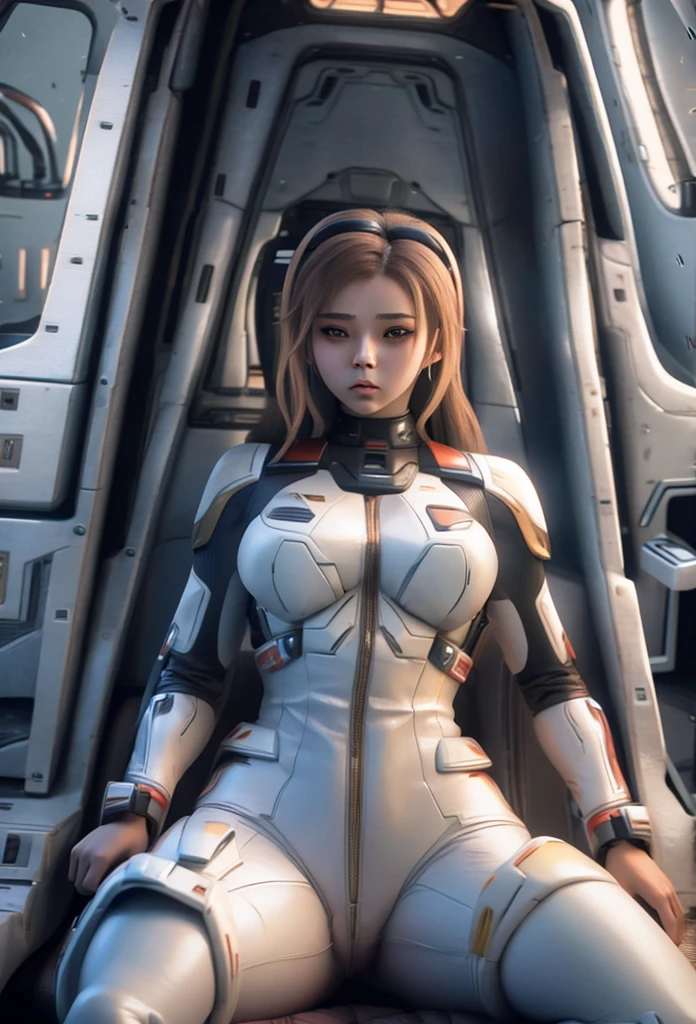 Body sitting shot, girl, inside gundam pilot cabin, 2.6. control of a jet F-16, silk op suit, light white in cabin, combat, color carmine+gold phosphorescent