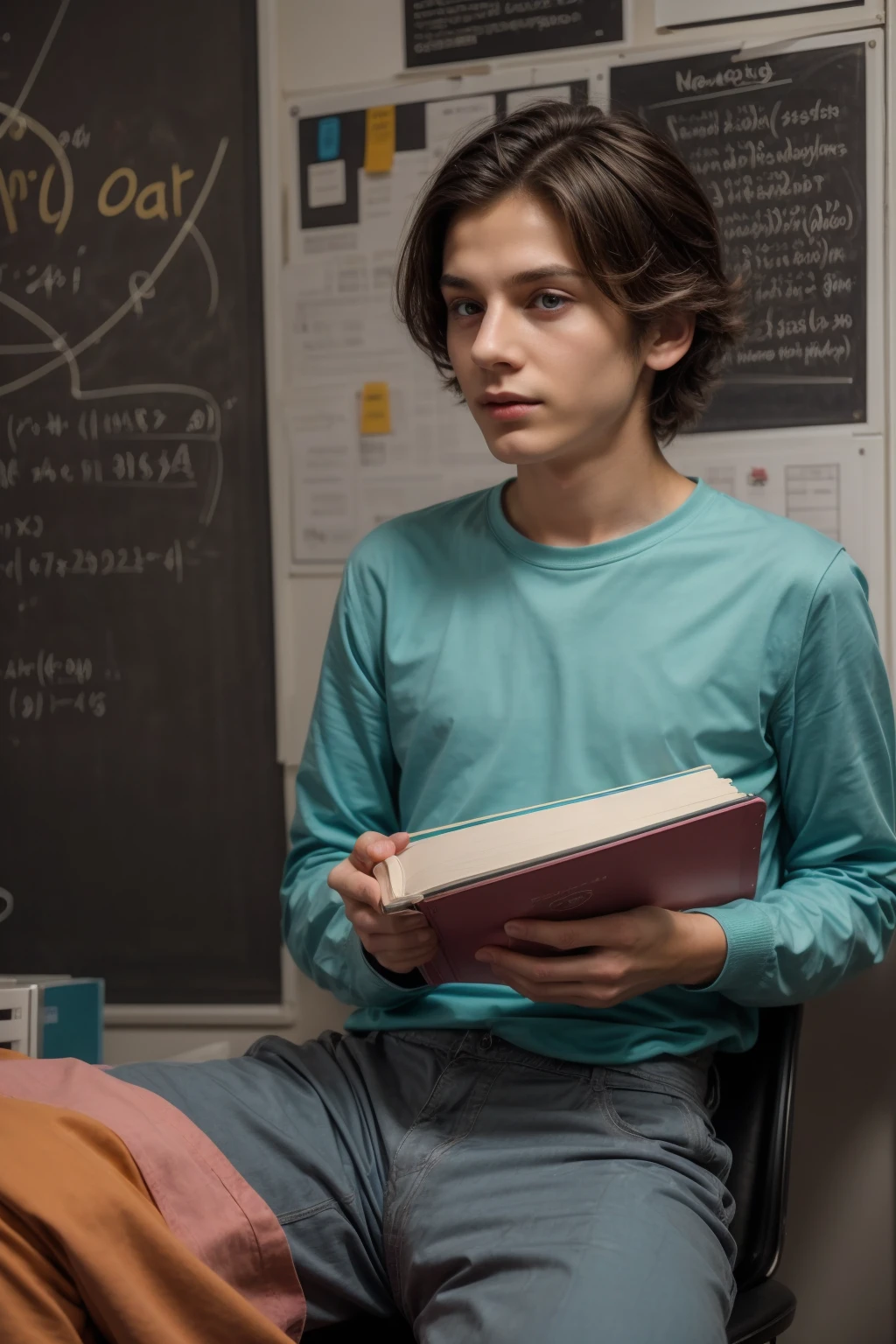 A cute, beautiful twink male young man with a face with makeup and black hair. He is wearing a long-sleeved, pink shirt and aqua blue pants. He is in his scientific office, sitting with medical scientific books next to him, and behind him is a blackboard with calculus written on it. Neon waves emerge from the blackboard.  The scientific desk is a medical model looking on proudly.