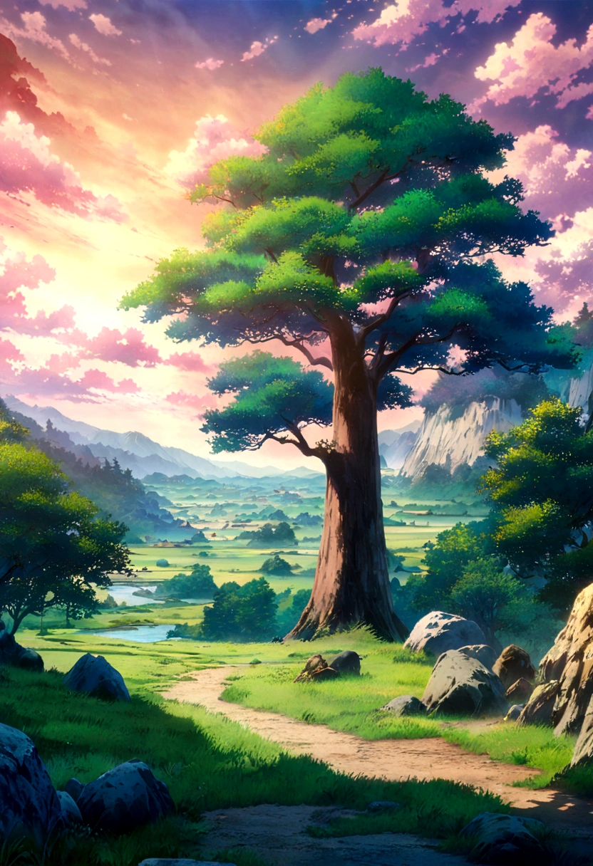 anime - style painting of a tree in a grassy field with rocks, anime countryside landscape, anime landscape, anime landscape wallpaper, anime background art, beautiful anime scenery, anime background, anime beautiful peace scene, anime scenery, anime movie background, anime nature, anime scenery concept art, colorful anime movie background, beautiful anime scene, anime scene, beautiful landscape background