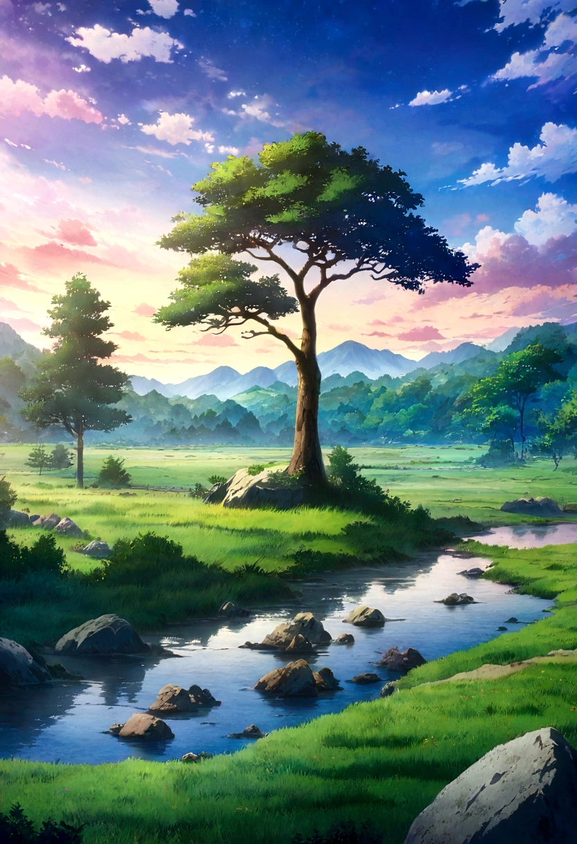 
anime - style painting of a tree in a grassy field with rocks, anime countryside landscape, anime landscape, anime landscape wallpaper, anime background art, beautiful anime scenery, anime background, anime beautiful peace scene, anime scenery, anime movie background, anime nature, anime scenery concept art, colorful anime movie background, beautiful anime scene, anime scene, beautiful landscape background