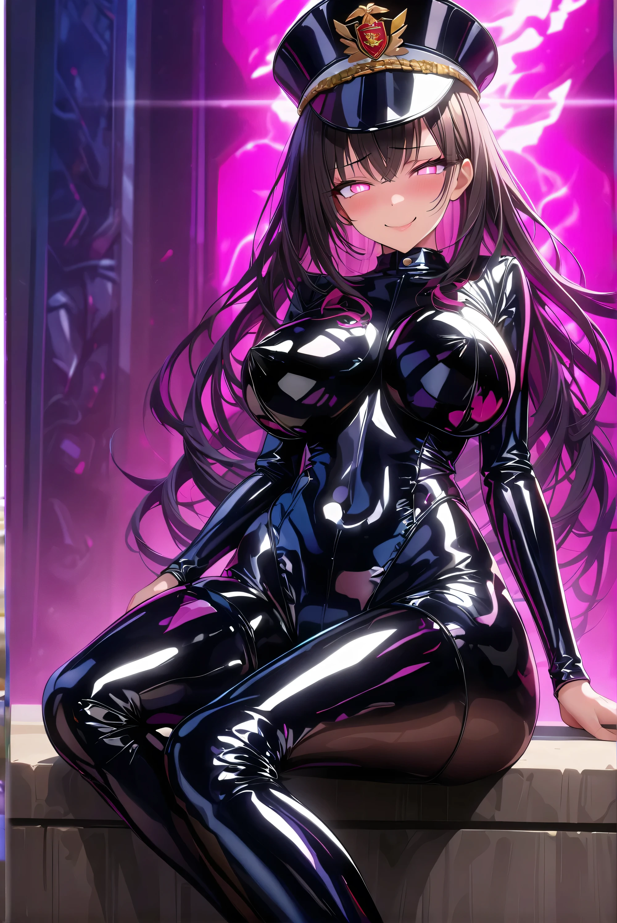 masterpiece, best quality, 1lady,black hair,long hair,glowing eyes, (finely detailed empty pupils and detailed face),,,,extremely detailed picture unity 8k wallpaper,solo,(latex military costume:0.9),large breasts,seductive smile,military hat,latex thighhigh,large breasts,black hair,pink eyes,black leotard,pantyhose,no sleeve,enamel suits,grossy lips,sitting,bust shot,sadistic smile,,heel