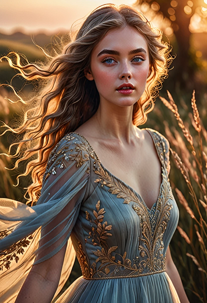 a beautiful girl, windblown hair, detailed eyes, detailed lips, flowing dress, golden hour lighting, cinematic, dramatic lighting, highly detailed, intricate details, ethereal, whimsical, fantasy, magical, soft pastel colors, warm tones, romantic, (best quality,4k,8k,highres,masterpiece:1.2),ultra-detailed,(realistic,photorealistic,photo-realistic:1.37)