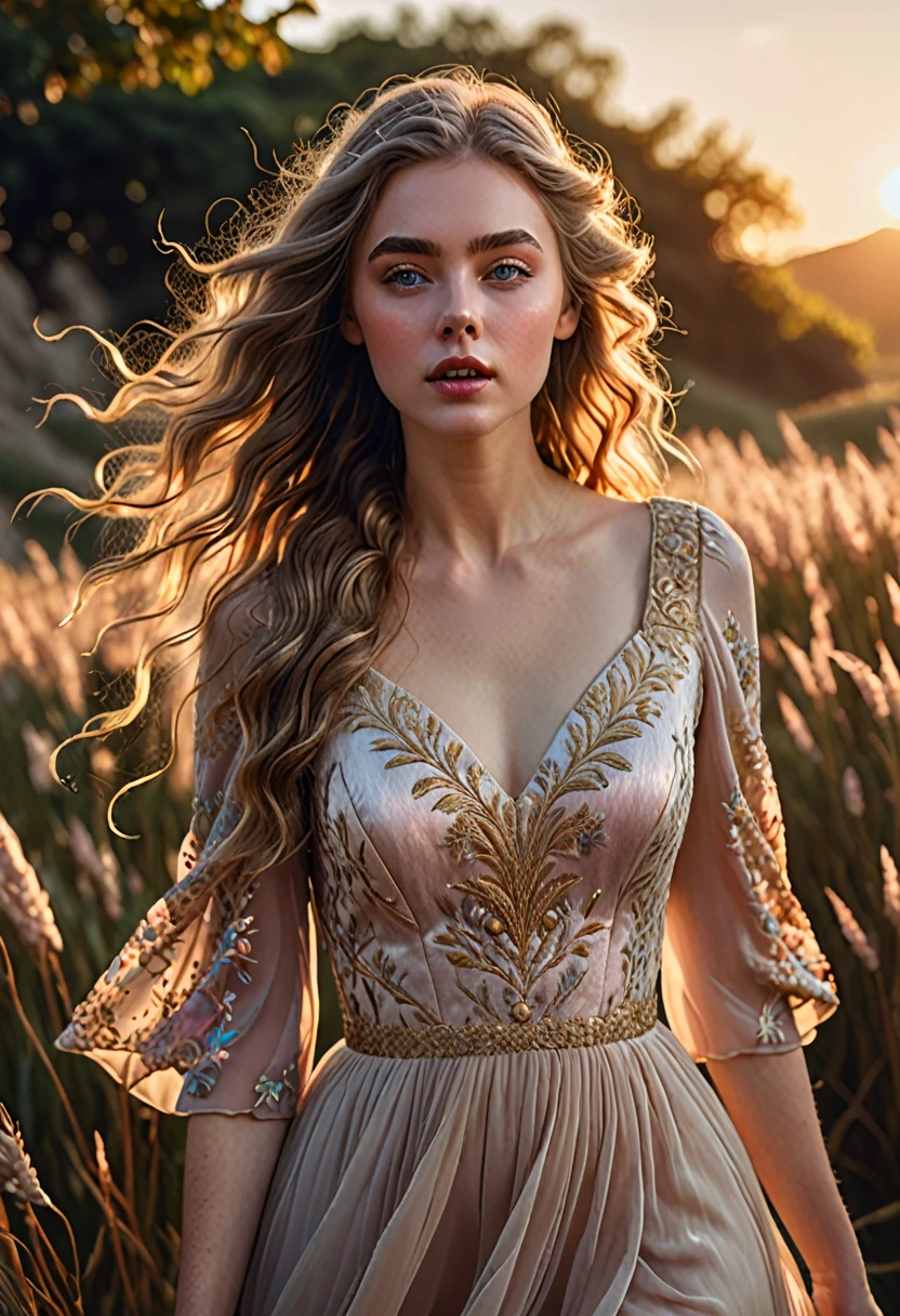 a beautiful girl, windblown hair, detailed eyes, detailed lips, flowing dress, golden hour lighting, cinematic, dramatic lighting, highly detailed, intricate details, ethereal, whimsical, fantasy, magical, soft pastel colors, warm tones, romantic, (best quality,4k,8k,highres,masterpiece:1.2),ultra-detailed,(realistic,photorealistic,photo-realistic:1.37)