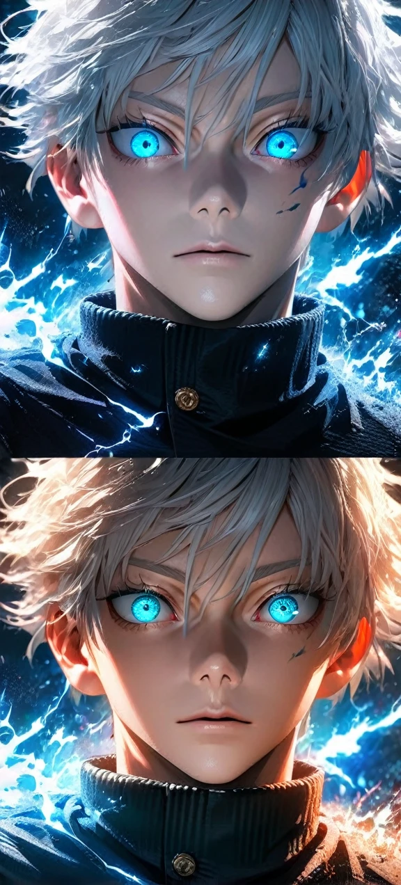 High quality, ultra realistic,absurdres, highres, ultra detailed, HDR, masterpiece, extremely detailed face and eyes, Gojo satoru , jujutsu kaisen,, white hair ,black shirt , solo, ,man, handsome, ,white eyeleshes, blue eyes , Epic fight scene, blue splashing effect,blue lightning effect,glowing glitters , close up,cool eyes, symetrical