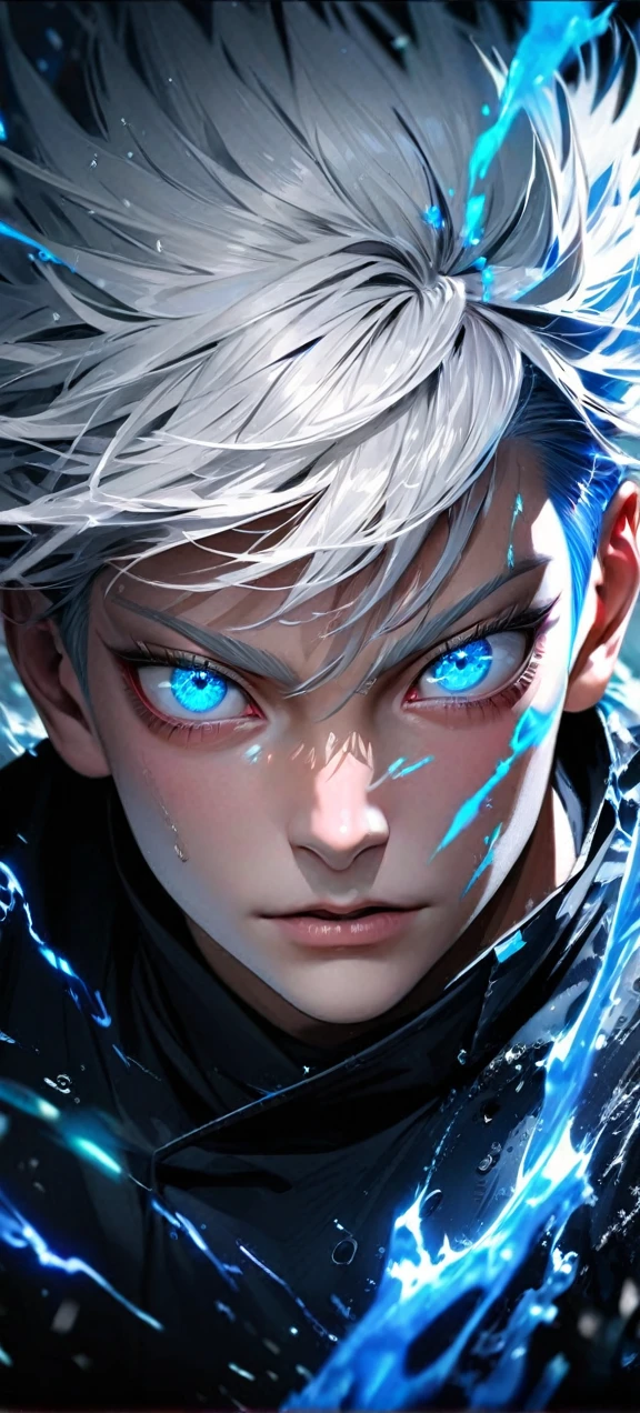 High quality, ultra realistic,absurdres, highres, ultra detailed, HDR, masterpiece, extremely detailed face and eyes, Gojo satoru , jujutsu kaisen,, white hair ,black shirt , solo, ,man, handsome, ,white eyeleshes, blue eyes , Epic fight scene, blue splashing effect,blue lightning effect,glowing glitters , close up,cool eyes, symetrical
