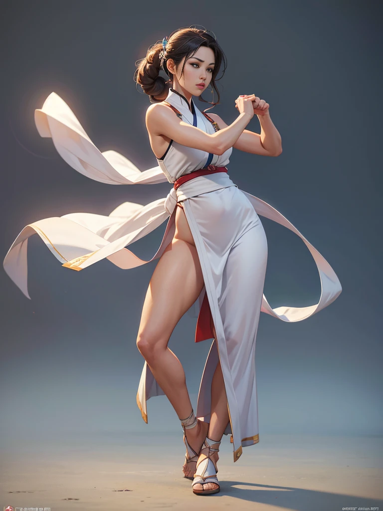 ((best quality)), ((4k)), ((highres)), ((masterpiece:1.2)). ((detailed)), ((ultra realistic)), ((intricate details)), ((full body picture)), ((character design sheet)), ((blank background)), ((standing in a blank background)), a full body shot of a beautiful martial arts korean goddess, martial arts korean goddess, martial arts goddess, fantasy female fighter, fighting game character, full body concept art, character design, gorgeous female matial artist, 