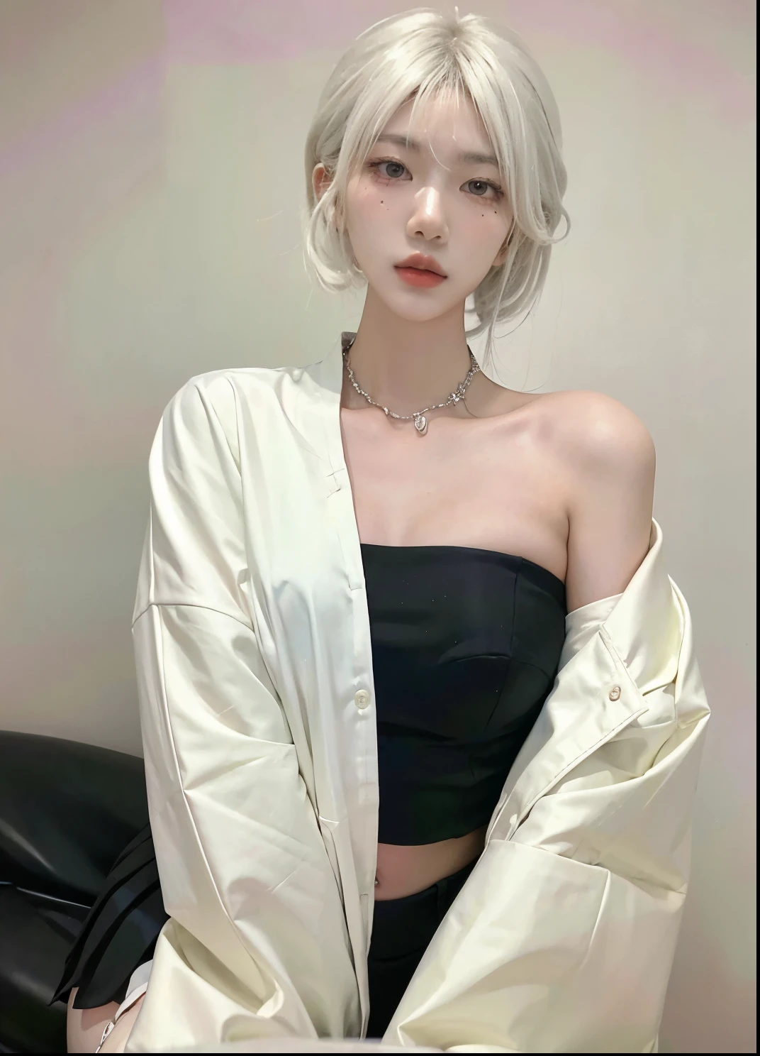 Beautiful woman with perfect figure:1.4,Ultra-high resolution,Put your hands behind your back,White background,(Realism:1.4),Layered hairstyle,White skin,JK:1.5,Super short pleated skirt,whole body:1.4,Very delicate and skin texture,Double eyelids,Skin Whitening,Long hair,White hair