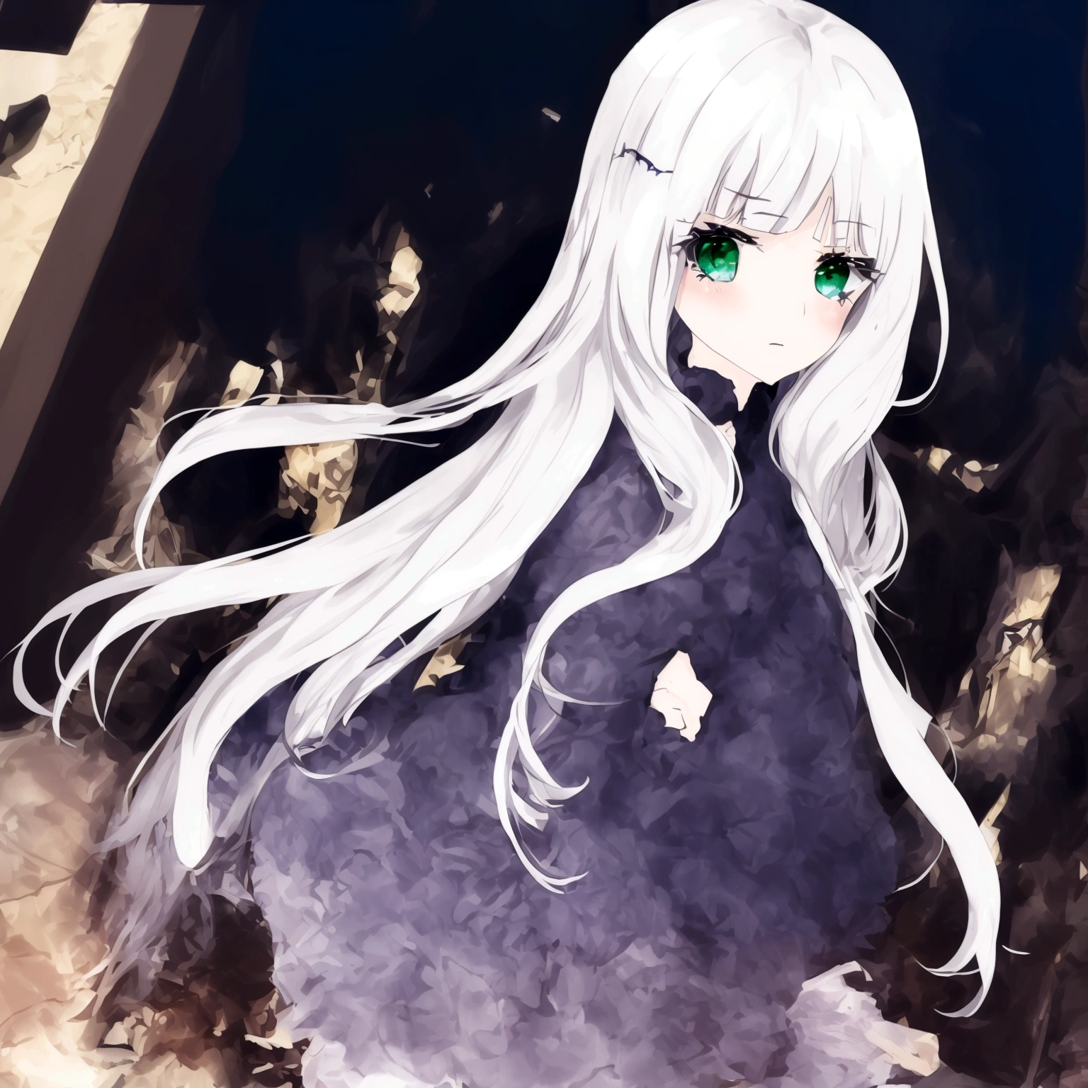 1 female , 24 years old , alone , white hair ,green eyes , at night , vampire , wavy hair , walking , frightened , city