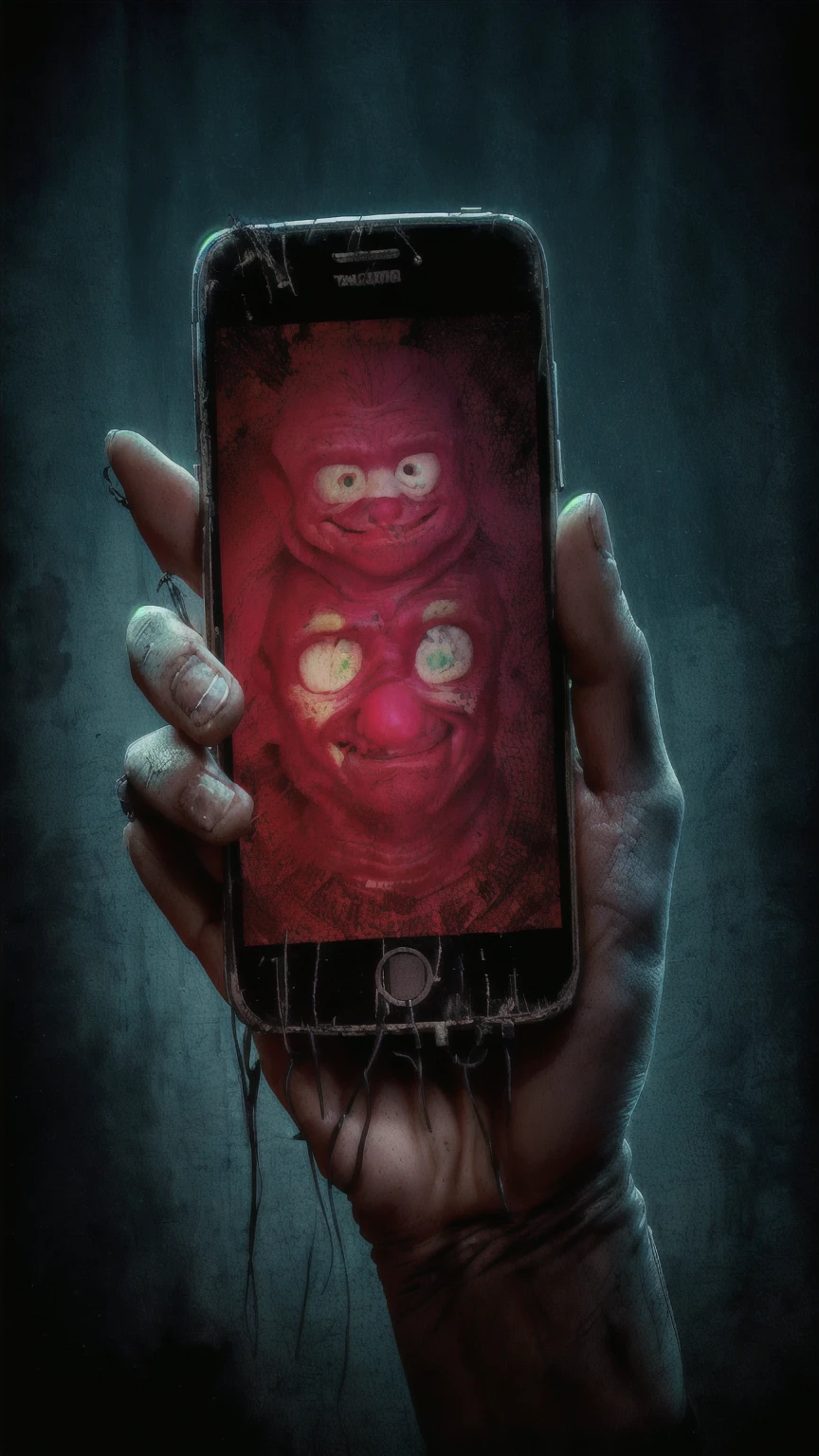 someone holding a cell phone with a creepy picture on it, digital horror artwork, by Kazimierz Wojniakowski, by Adam Marczyński, by Tadeusz Pruszkówski, hd phone wallpaper, wallpaper mobile, by Adam Szentpétery, phone wallpaper, by Aleksander Kobzdej, (digital art)