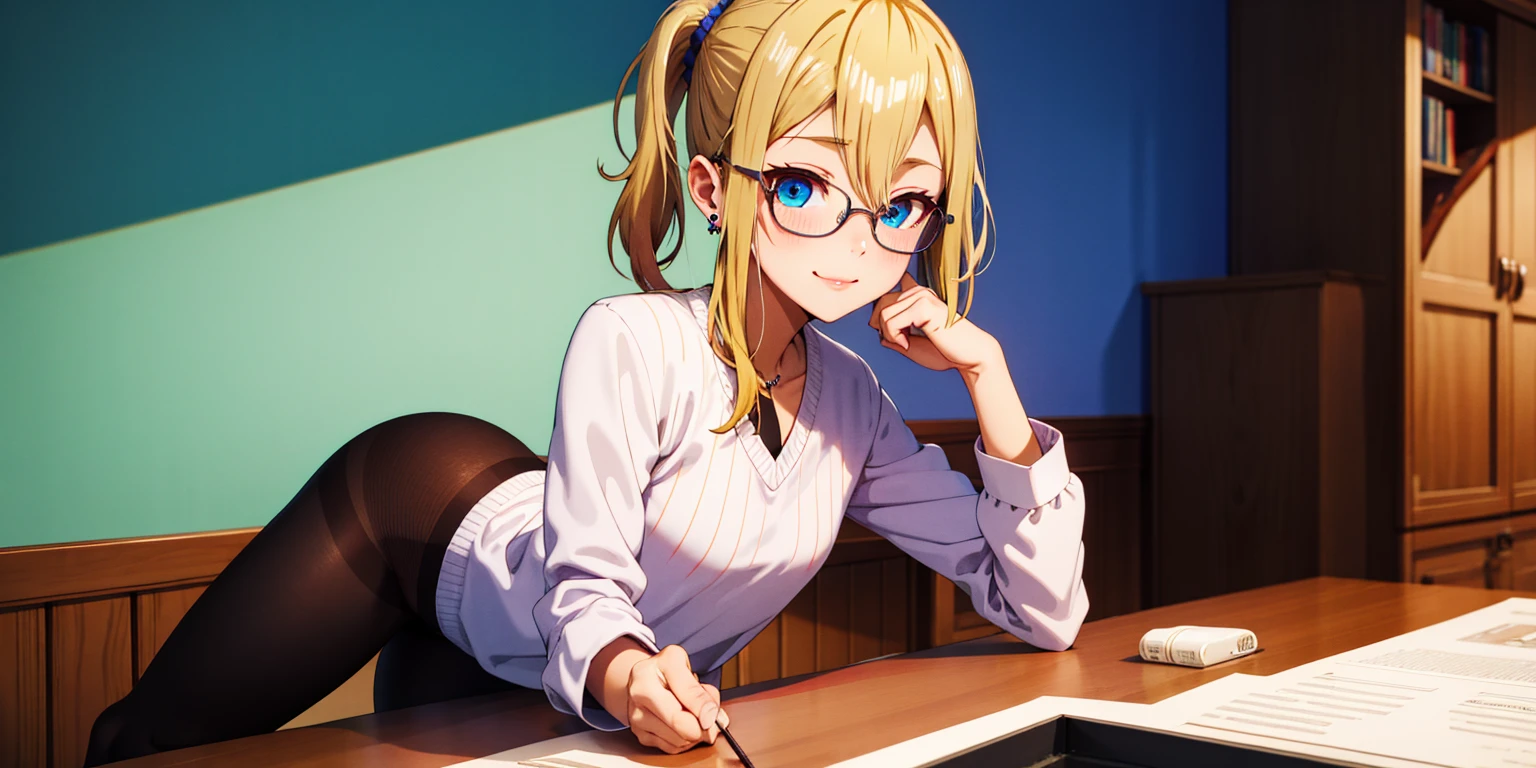 anatomically correct, best quality, masterpiece, high quality, high details, highres, HD, (shaded face:1.2), hollow eyes, dark-blue eyes, looking at viewer, seductive smile, glasses, lips, aihayasakav4, blonde hair, side ponytail, scrunchie, solo, blurry, 1girl, depth_of_field, earrings, blurry_background, small breasts, jewelry, bookshelf, red_eyes, indoors, table, sweater, solo, small_breasts, looking_at_viewer, blurry_foreground, long_sleeves, closed_mouth, bangs, blush, pantyhose, hand_on_own_cheek, sidelocks, breast_rest, ribbed_sweate, 15 years old, teen , 