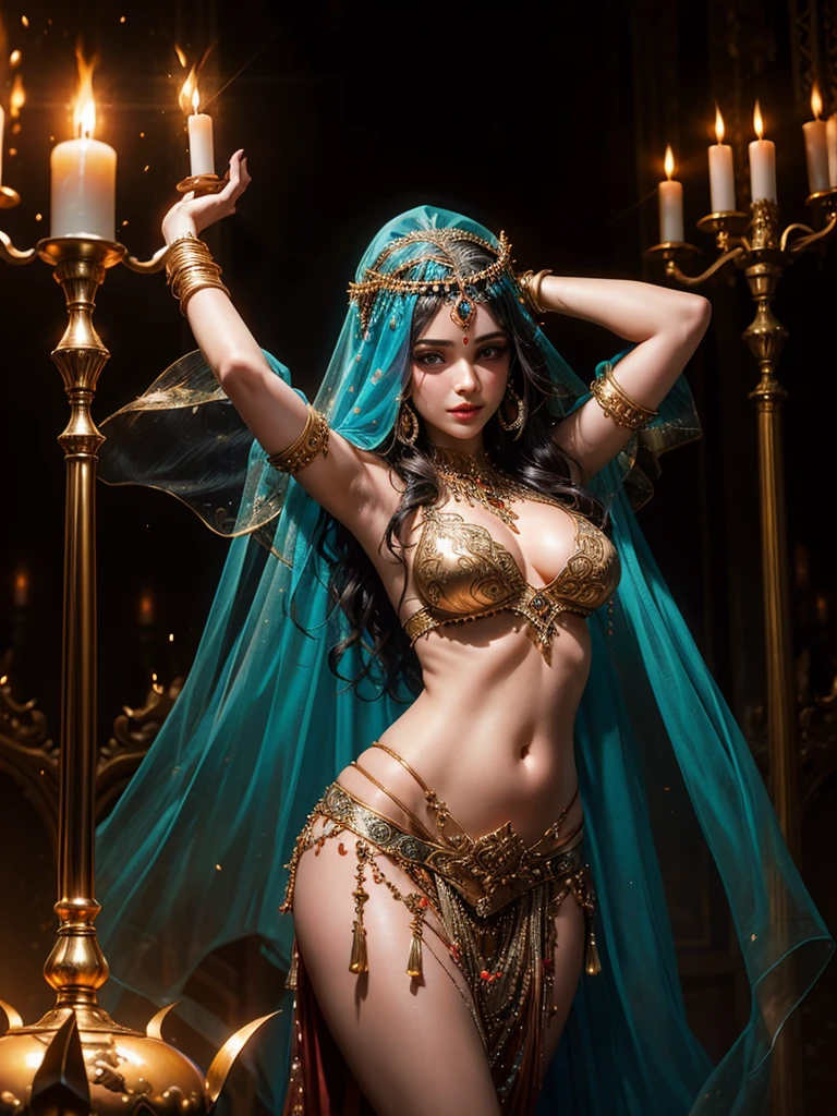 cinematic still,photo of beautiful belly-dancer,candelabra with candles on her head,belly-dance with fire,shamadan show,photorealistic,veil,ornate jewelry, vivid colors, cluttered,ombre hair,Arabian nights,HDR,natural lighting,shot on dslr, 4k,film grain,masterpiece