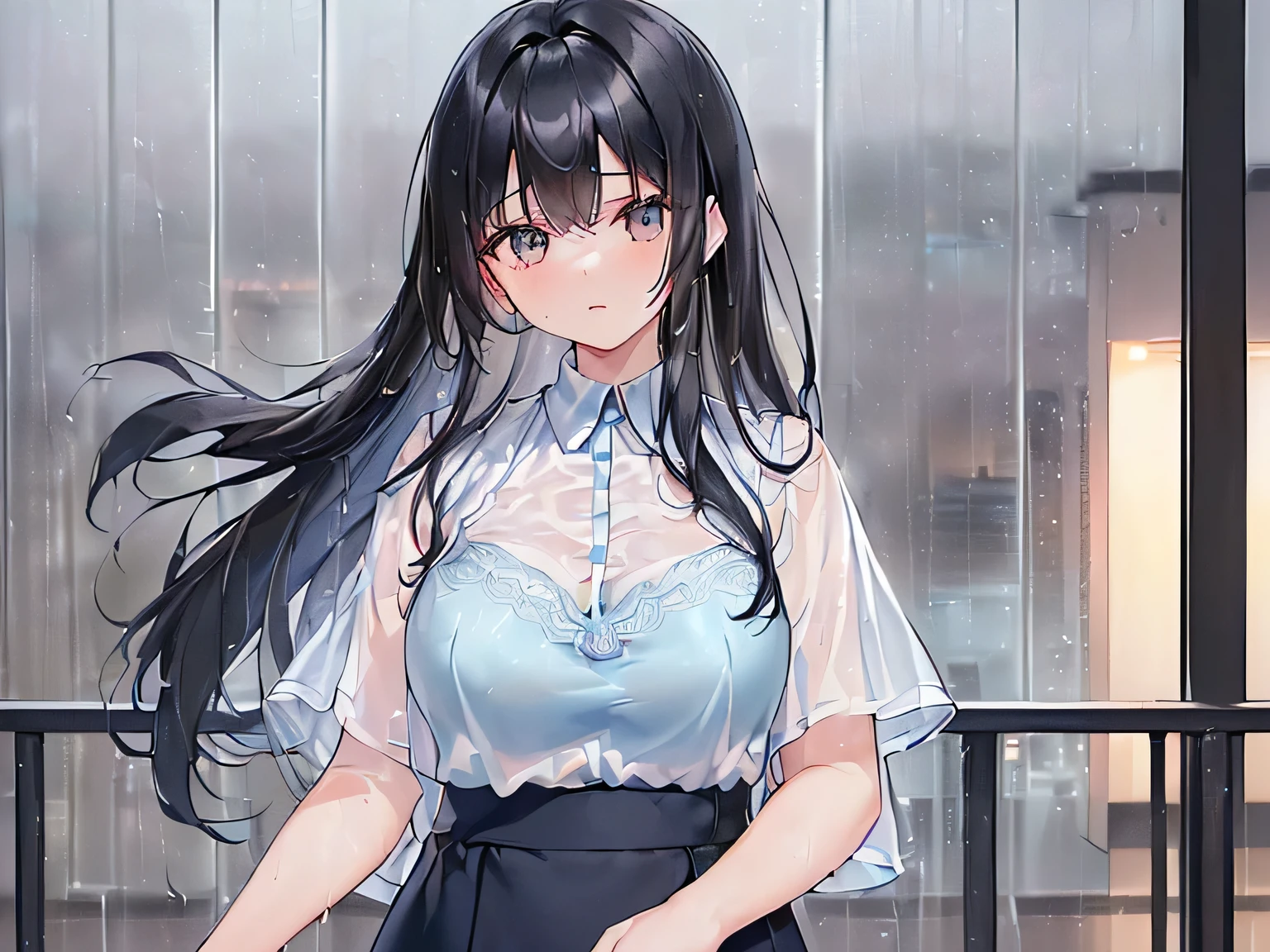 (masterpiece、Highest quality、High resolution、Realistic photo、Real looking skin:1.1)、
(The woman's clothes are wet and transparent from the rain.、I can see the light blue bra:1.8)、
(Please provide a close-up of the upper body.:1.8)、
(standing:1.5)、
(Confused expression:1.5)、
(She is wearing a white short-sleeved blouse that is worn with casual clothes.:1.8)、
(She is wearing a long blue skirt:1.5)、
(I wear pumps on my bare feet:1.5)、
(The bra is light blue:1.8)、
(I have long black hair:1.5)、
(She is 25 years old:1.5)、
(She is good-looking enough to be a receptionist.:1.5)、
(The location was a pedestrian deck in a rainy downtown area.:1.5)、
1 Japanese Girl、solo、Full Body Esbian、Beautiful Eyes、Shining Eyes、Shining thighs、NSFW