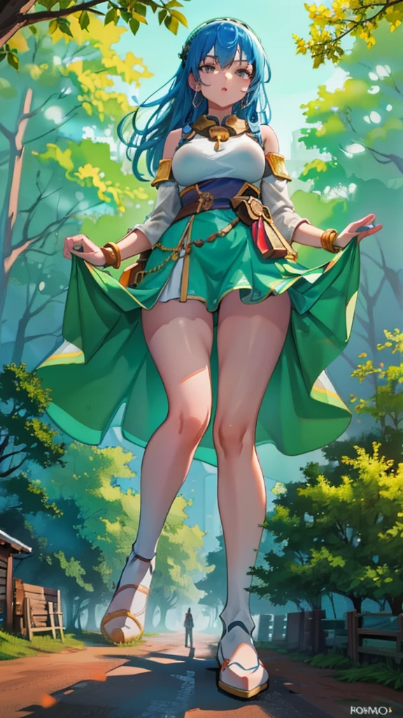 In a forest of large trees there is an even larger Amazonian giantess, with brown skin, black hair, thin, with clothes of the forest, and with very long legs, she is looking for small human invaders of the forest to destroy them so that they do not disturb the peace of the forest. Giantess, goddess, hot, black skin, tall legs, sexy, tiny people, tiny humans, crush, forest, trees, standing, group of small people, slim body