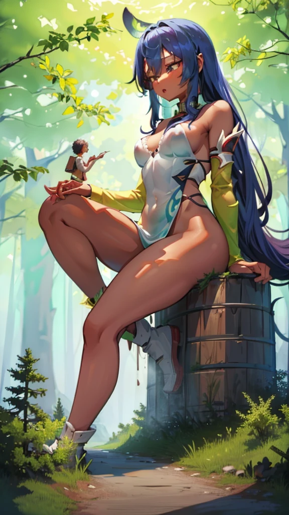 In a forest of large trees there is an even larger Amazonian giantess, with brown skin, black hair, thin, with clothes of the forest, and with very long legs, she is looking for small human invaders of the forest to destroy them so that they do not disturb the peace of the forest. Giantess, goddess, hot, black skin, tall legs, sexy, tiny people, tiny humans, crush, forest, trees, standing, group of small people, slim body