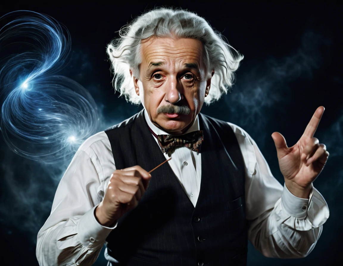 A powerful cinematic photograph capturing the iconic scientist Albert Einstein, depicted in a rare moment of intense anger. He is staring intensely at an unseen force, his wiry hair standing on end, and his famous bow-tie askew. He gestures angrily with his index finger, as if urging someone to be quiet. The background is a dimly lit, dramatic space filled with swirling colors and patterns, emphasizing the intensity of his emotions., photo, cinematic