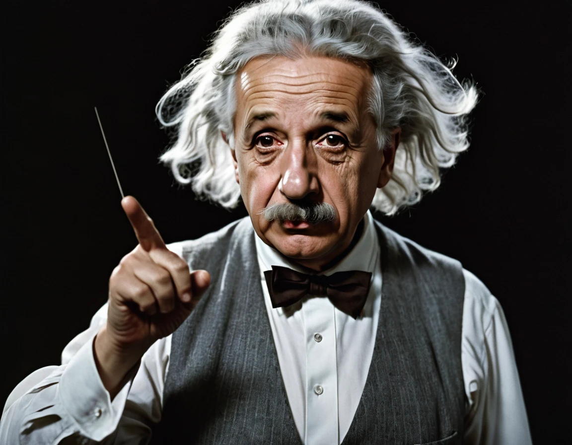 A powerful cinematic photograph capturing the iconic scientist Albert Einstein, depicted in a rare moment of intense anger. He is staring intensely at an unseen force, his wiry hair standing on end, and his famous bow-tie askew. He gestures angrily with his index finger, as if urging someone to be quiet. The background is a dimly lit, dramatic space filled with swirling colors and patterns, emphasizing the intensity of his emotions., photo, cinematic