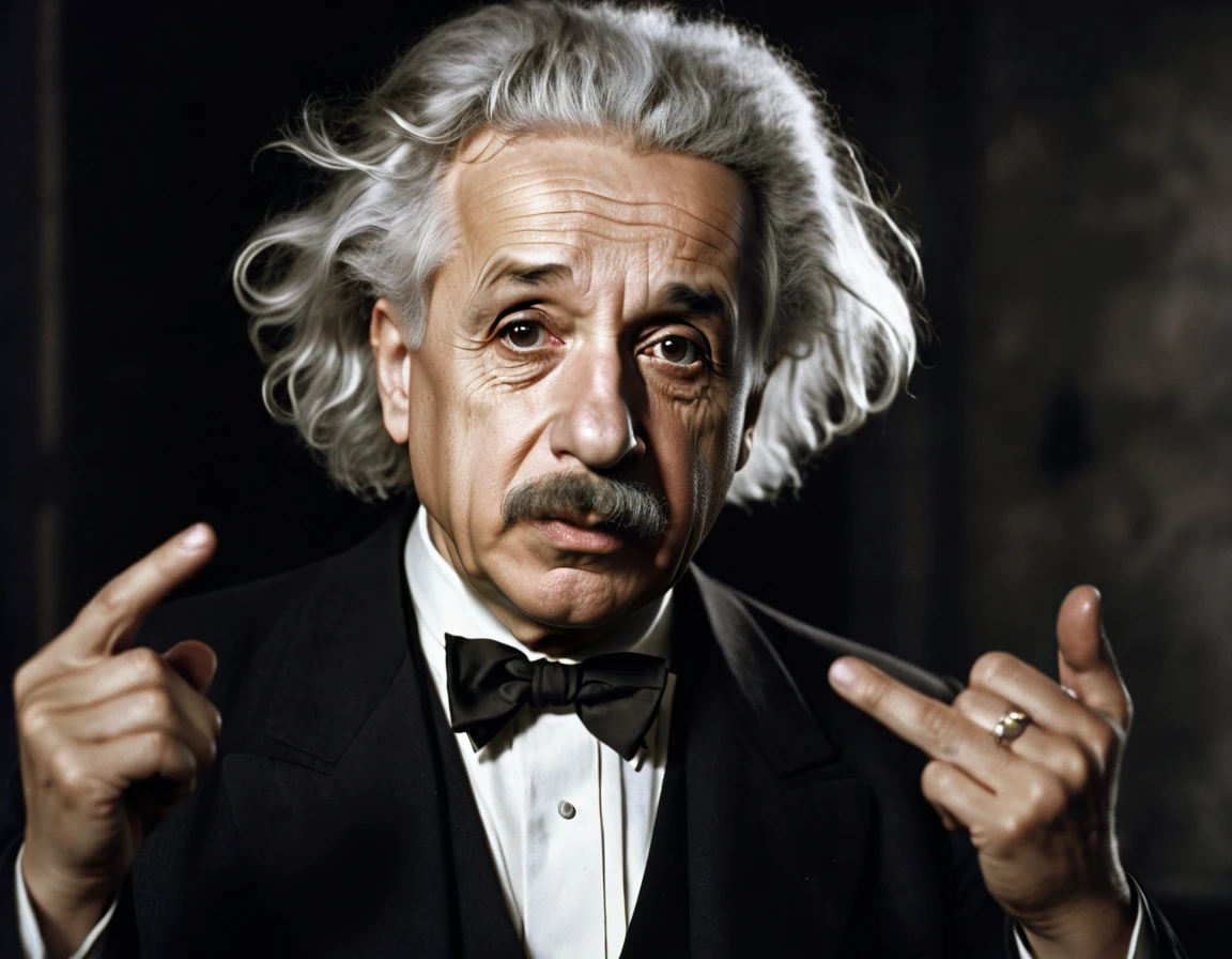 A powerful cinematic photograph capturing the iconic scientist Albert Einstein, depicted in a rare moment of intense anger. He is staring intensely at an unseen force, his wiry hair standing on end, and his famous bow-tie askew. He gestures angrily with his index finger, as if urging someone to be quiet. The background is a dimly lit, dramatic space filled with swirling colors and patterns, emphasizing the intensity of his emotions., photo, cinematic