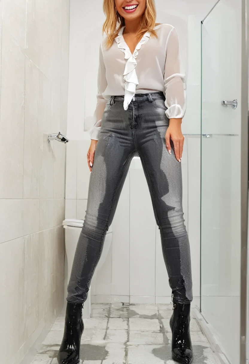 attractive blonde woman wearing skinny jeans, high heel boots, white blouse, standing in a bathroom, wetting, big smile, pee stains are gleaming wet,
