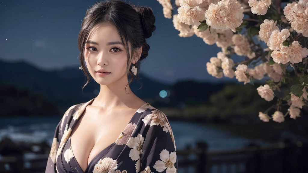 (1women), Updo hairstyle, (round eyes:1.2), (highly detailed face), (extremely detailed beautiful face), (floral pattern yukata), cleavage, (Best Quality:1.4), (Ultra-detailed), extremely detailed CG unified 8k wallpaper, Realistic portrait, Beautiful detailed, High-definition raw color photos, professional photography, night sky, beautiful milky way, (fine face:1.2), focus on women, tanabata, 