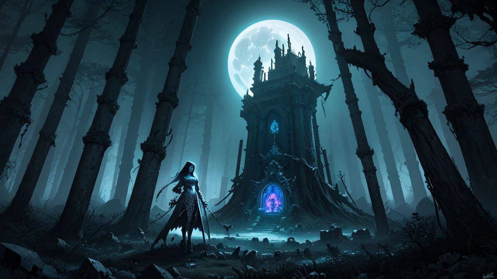 hourglass made with skulls and bones, blood flow inside, high-fantasy, magical effects, hyper realistic, hyper detailed, mysterious air, ancient and abandoned, grown-over, luminescent moss, dark atmosphere, glowing lights spread evenly, very aesthetic, beautiful underwater scenery in the background,full moon