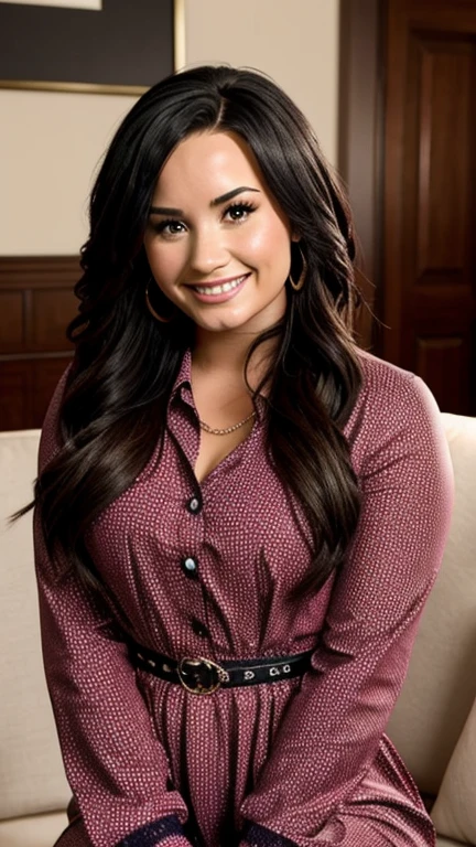 Demi Lovato dressed in berry clothes and smiling sexy.