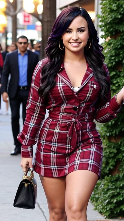 Demi Lovato dressed in berry clothes and smiling sexy.
