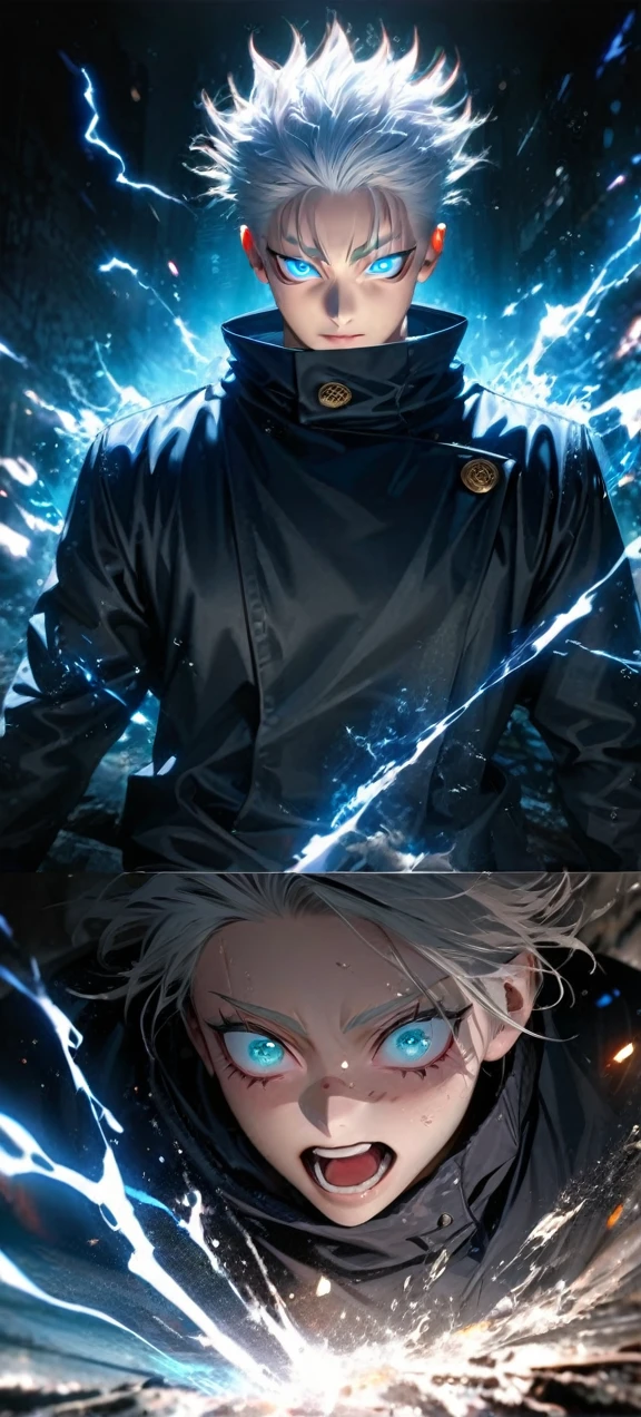 High quality, ultra realistic,absurdres, highres, ultra detailed, HDR, masterpiece, extremely detailed face and eyes, Gojo satoru , jujutsu kaisen,, white hair ,black shirt , solo, ,man, handsome, ,white eyeleshes, blue eyes , Epic fight scene, blue splashing effect,blue lightning effect,glowing glitters , close up,cool eyes, symetrical
