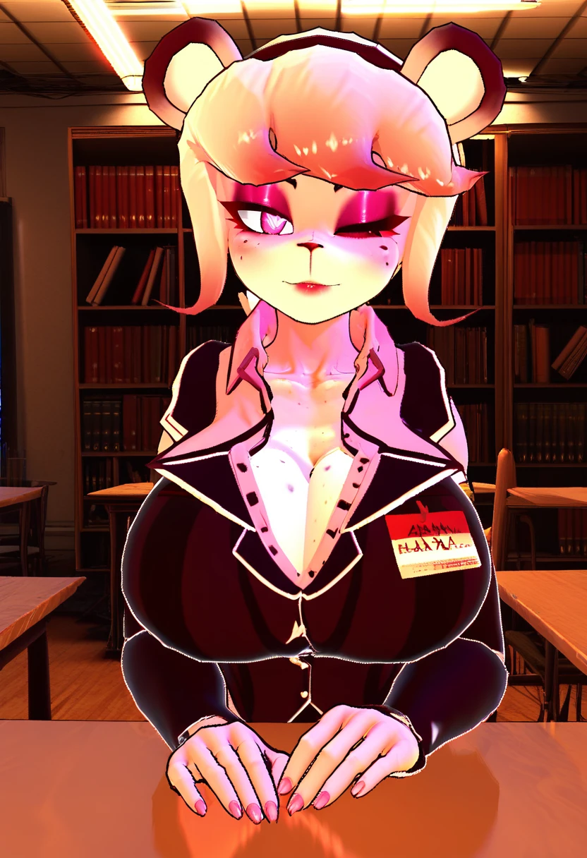 (8k, RAW photos, top quality, masterpiece: 1.2), (High Quality), ray tracing, HDR, (High Details), (Face detail), (Shadow Detail), LOVESTRUCK FRENNI, SEXY BEAR GIRL, 3D, 3D RENDER, PINK FUR, TWO TONED FUR, 1GIRL, SOLO, Breasts, standing, 20 year old, mature female, large breasts, perfect figure, Librarian, Library, Sitting at table, purple sweater, side angle, resting arm on table, leaning on arm, pink eyes, heart shaped pupils, one eye closed, bored, neutral expression.