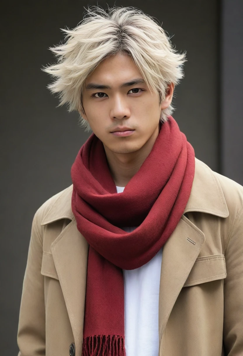 1man, perfect face, Young Japanese man wearing a red scarf and a somewhat old and worn brown jacket, best quality ,masterpiece, illustration, extremely detailed ,CG ,unity ,8k wallpaper, Amazing, finely detail, masterpiece,best quality,official art,extremely detailed CG unity 8k wallpaper,absurdres, incredibly absurdres, huge filesize, ultra-detailed, highres, extremely detailed, messy hair, japanese boy, japan young man, completely white t-shirt, battered red scarf, ryoma nagare, cream coat, white hair, 18yo, 18 years old, age 18,
