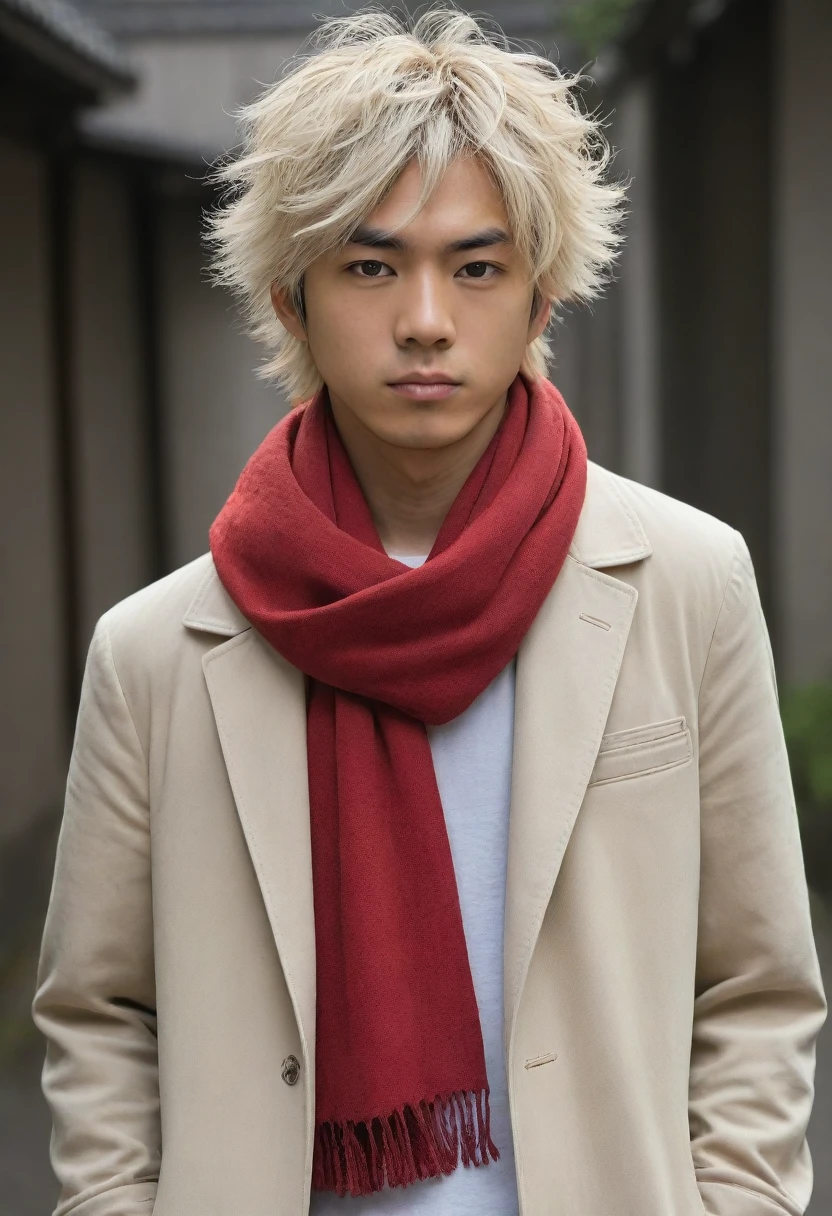 1man, perfect face, Young Japanese man wearing a red scarf and a somewhat old and worn brown jacket, best quality ,masterpiece, illustration, extremely detailed ,CG ,unity ,8k wallpaper, Amazing, finely detail, masterpiece,best quality,official art,extremely detailed CG unity 8k wallpaper,absurdres, incredibly absurdres, huge filesize, ultra-detailed, highres, extremely detailed, messy hair, japanese boy, japan young man, completely white t-shirt, battered red scarf, ryoma nagare, cream coat, white hair, 18yo, 18 years old, age 18,
